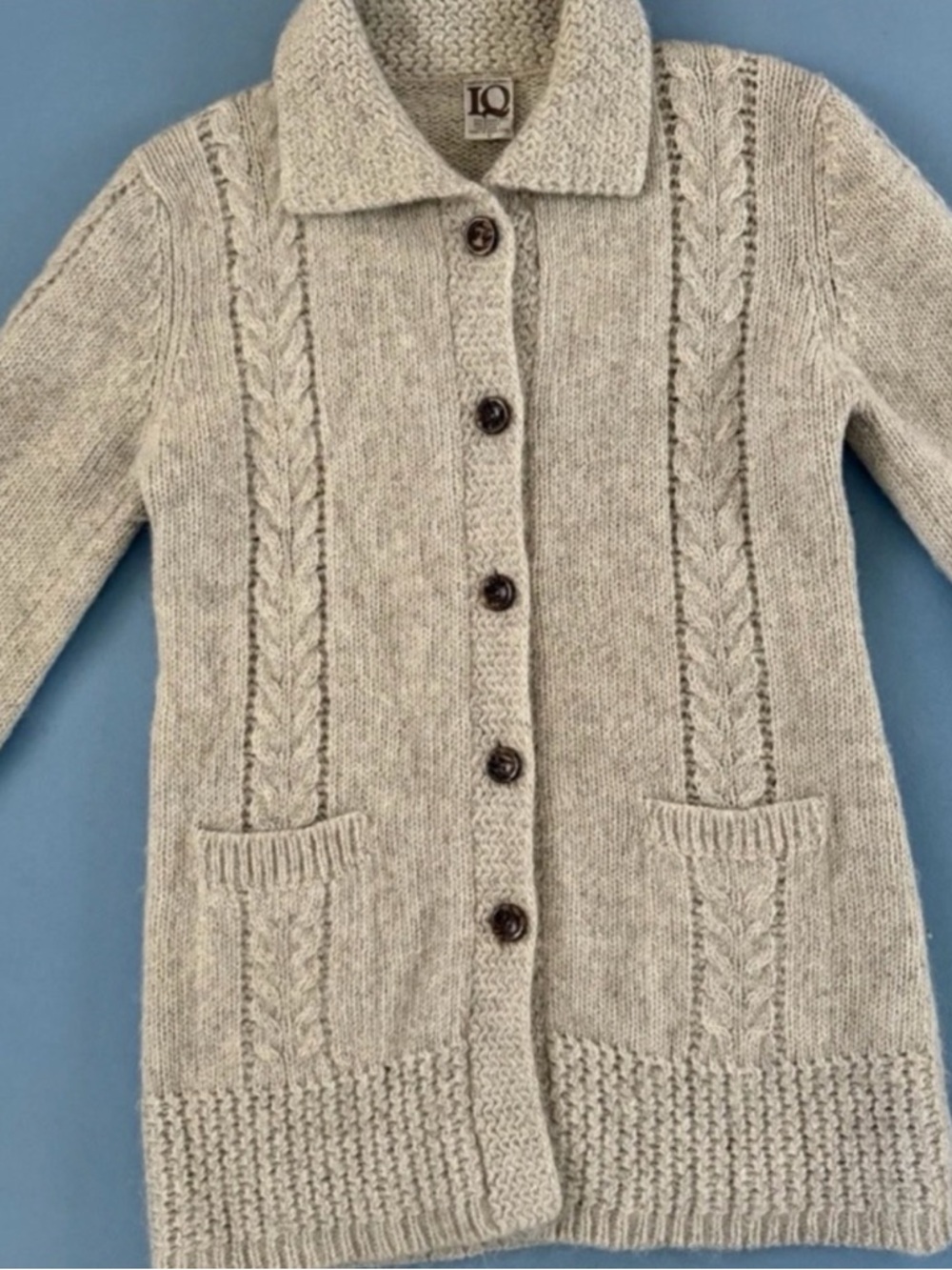 Vintage IQ Mohair Wool‎ Cardigan Cable Knit Tan Longline Collared Sweater